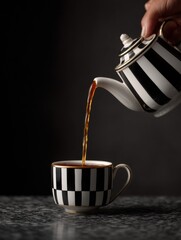 Hand pouring coffee from a black and white striped teapot into a white and black checkered cup. the cup is placed on a black countertop with a dark background.