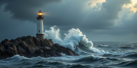 Obraz premium Lighthouse standing strong against turbulent ocean waves under a stormy sky.