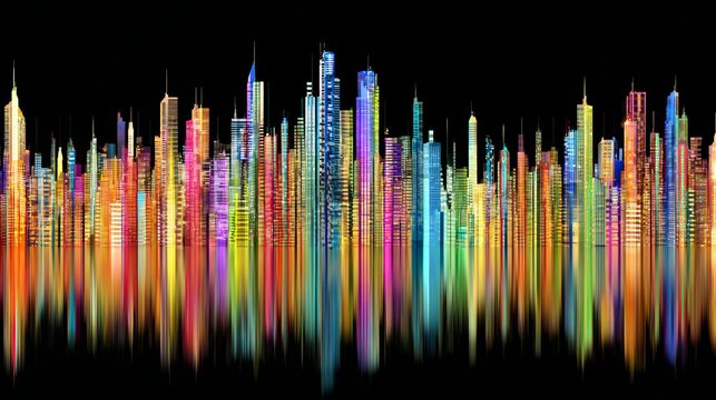 Abstract colorful modern building pattern with geometric shapes, vibrant structure, creative urban design, and strong visual symmetry displayed on a black background in contemporary style