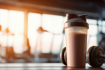 A protein shaker cup filled with chocolate shake stands on a gym floor next to a dumbbell. Bblurred background. Fitness nutrition, workout recovery, athletic lifestyle concept. Place for signature