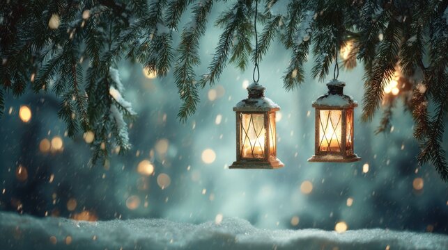 Winter lanterns hanging from snow-covered evergreen branches in a snowy scene