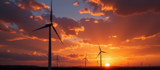 Obraz premium Wind turbines silhouetted against a vibrant sunset sky.