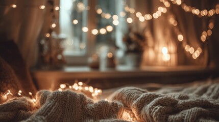 Cozy winter scene with fairy lights and a warm knitted blanket