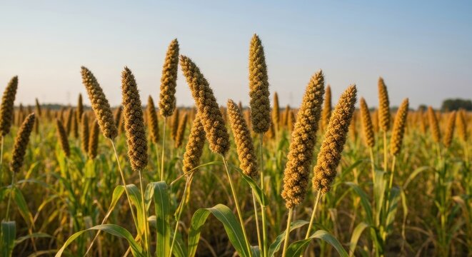 Field of golden-brown stalks of a grain crop against a clear sky