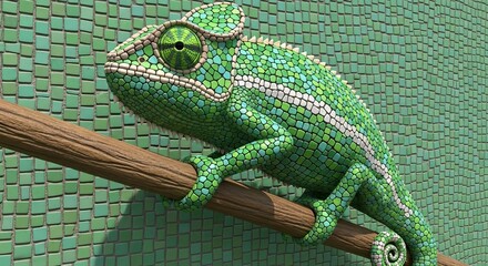 Green chameleon perched on a branch with textured background