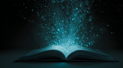 Floating data particles descending into an open book, symbolizing technology-driven learning, digital education, growing knowledge, AI intelligence, and a smooth flow of abstract information