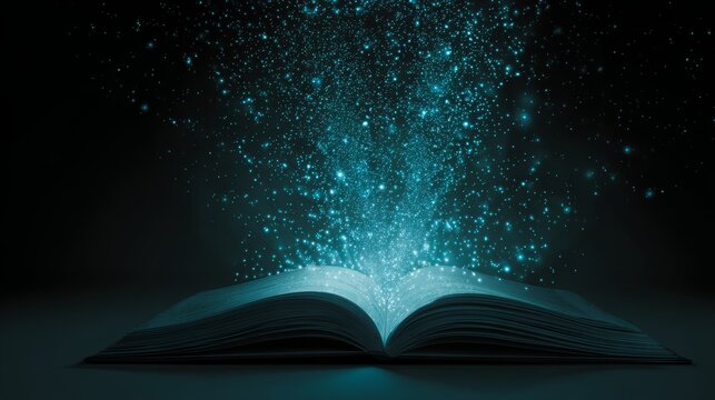 Floating data particles descending into an open book, symbolizing technology-driven learning, digital education, growing knowledge, AI intelligence, and a smooth flow of abstract information
