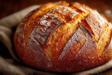 Freshly baked round sourdough bread with a golden crust and flour dusting, resting on a linen cloth.