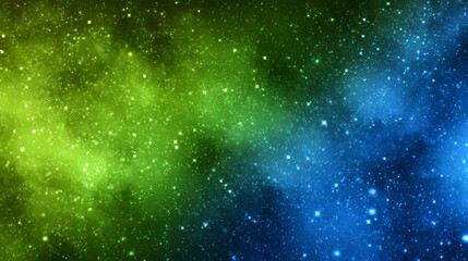 Green and blue cosmic space background with glowing stars, nebula clouds, and scattered light particles, creating a dynamic and immersive galactic atmosphere for astronomy and science concepts