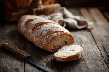 A freshly baked loaf of rustic bread with a slice cut off, placed on a wooden table. The bread has a golden crust and a soft interior.