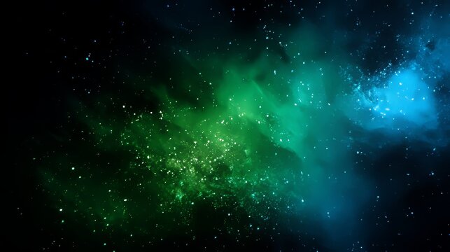 Green and blue cosmic space background with glowing stars, nebula clouds, and scattered light particles, creating a dynamic and immersive galactic atmosphere for astronomy and science concepts