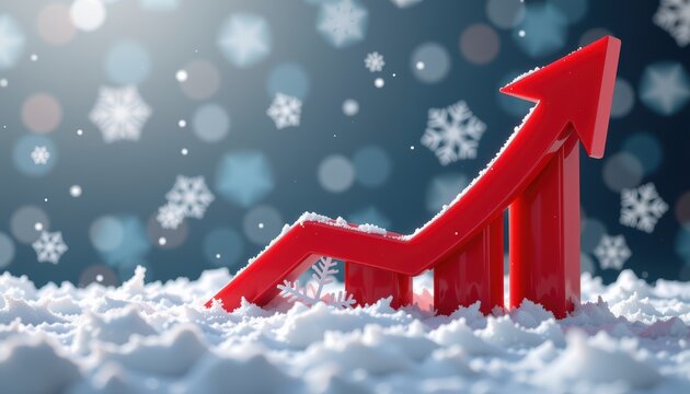 Red arrow graph rises through snowflakes, symbolizing growth in winter.