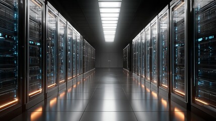 Modern server room with dynamic lighting hosting big data and cloud computing applications, a cutting-edge technology solution for enterprise IT infrastructures