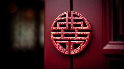 Red Chinese double happiness symbol on wooden door for traditional wedding celebration, representing love, commitment, romance, marriage, elegance, cultural heritage, and joyful ceremony design