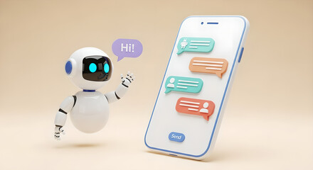 Robot Chatbot AI Communication Smartphone Beige Background Copy Space