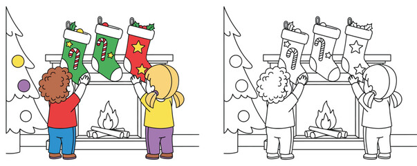 Christmas coloring page of two children hanging stockings on fireplace mantel, vector illustration with colored and outline versions for kids holiday activity