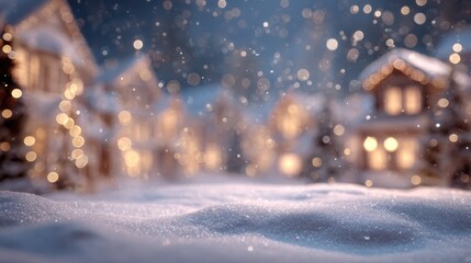 Winter wonderland scene with snow, bokeh lights, and cozy houses at night