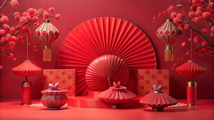 Vibrant red chinese new year decorations with lanterns and folding fan displayed on a table