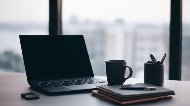 Modern Office Desk Setup With Laptop Mug Notebook And Pens Against Blurred Cityscape Background At Dusk