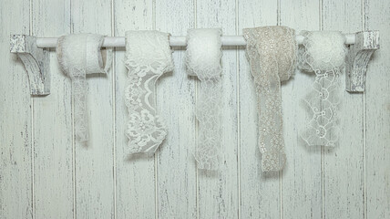 Lace Ribbons on a Hanger in a Sewing Studio