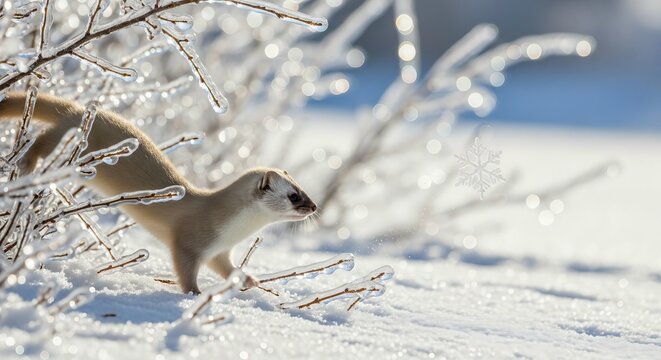 Small squirrel perched on icy branches in a snowy winter forest - Powered by Adobe
