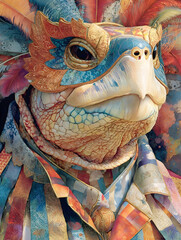 portrait of a humanoid turtle-like creature, elaborately dressed in a patterned, festive costume with feathered accents and golden adornments, rendered in a painterly style