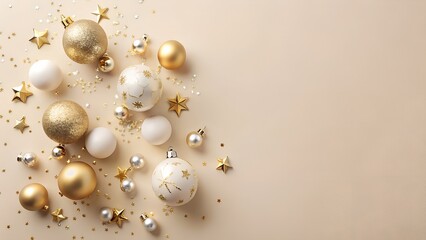 Elegant arrangement of golden and white christmas ornaments scattered with sparkling confetti on a soft beige background for festive holiday design