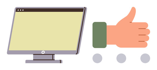 Computer screen alongside a thumbs-up sign signifies positive feedback, approval, or success evaluation. Ideal for customer review, feedback, rating, support, teamwork, technology education simple