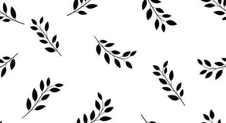 Fototapeta premium Seamless Pattern of Black Leafy Branches on White Background.