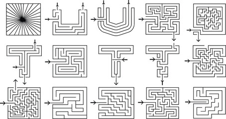 Vector maze puzzle set, black and white labyrinth game, logical brain teaser, path finding solution, geometric square design, line art collection, graphic illustration.