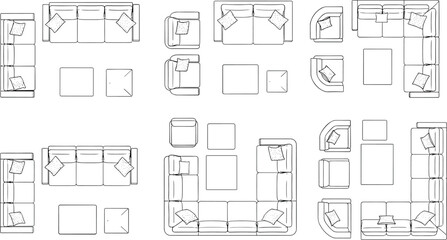 Furniture top view set, living room layout plan, sofa arrangement, architectural drawing, interior design sketch, blueprint symbol, flat line art, graphic vector illustration.