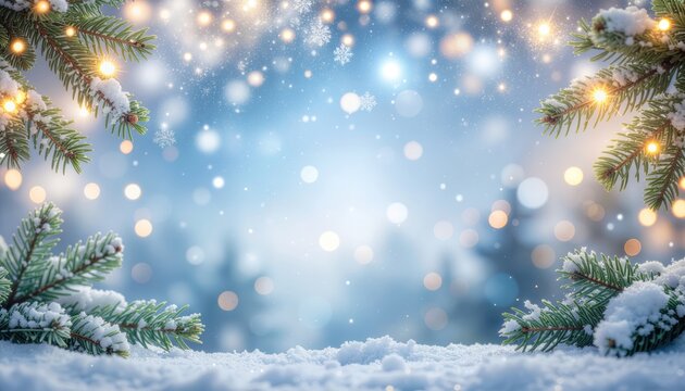 Winter wonderland scene with snowy pine trees and soft bokeh lights creating a magical atmosphere in a serene forest setting capturing the essence of the holiday season