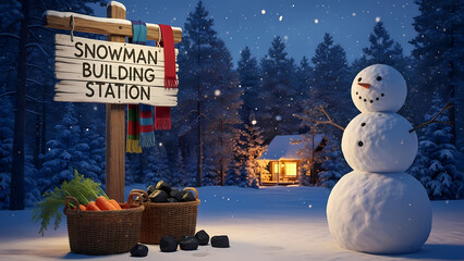 Snowman building station with wooden sign in winter snowy landscape