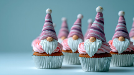 Cupcakes decorated with cute gnome toppers in pink hats and beards, set in silver wrappers on a light blue background