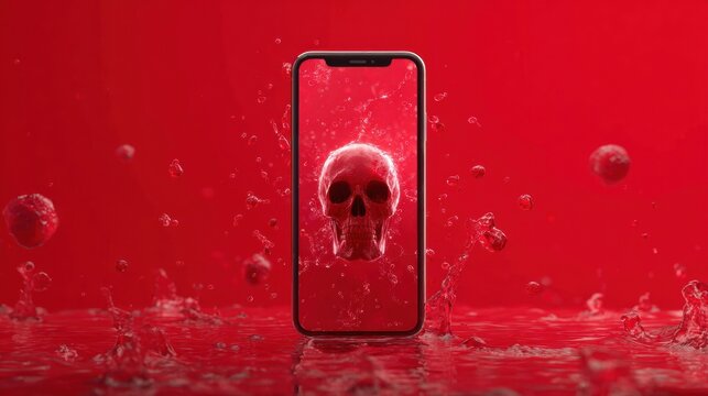 Infected Smartphone Screen Displays Red Skull Pop-Up Warning of Malware Attack in a Dramatic Background