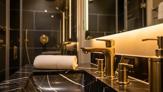 Elegant Bathroom Interior with Gold Fixtures and Marble Countertop.