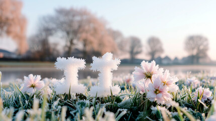 Frost-covered number eleven and delicate pink flowers on icy grass with soft winter morning light in countryside setting