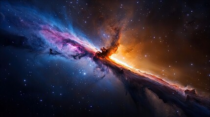 A vibrant cosmic nebula with swirling clouds of blue, purple, and orange, set against a backdrop of countless stars in deep space.