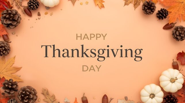 Happy Thanksgiving Day centerpiece with pumpkins, pinecones, and autumn leaves on a peach background