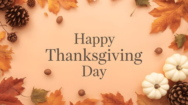 Happy Thanksgiving Day centerpiece with pumpkins, pinecones, and autumn leaves on a peach background