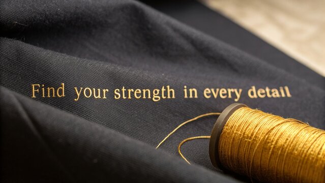 Close up of fabric with golden thread and inspirational text