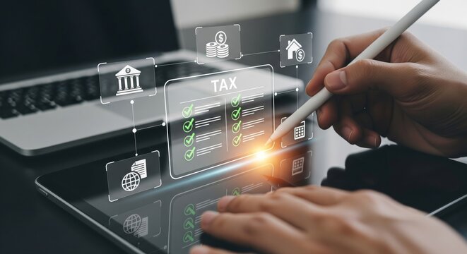 Holographic TAX Interface with Checklist and Green Checkmarks Above Tablet - Powered by Adobe