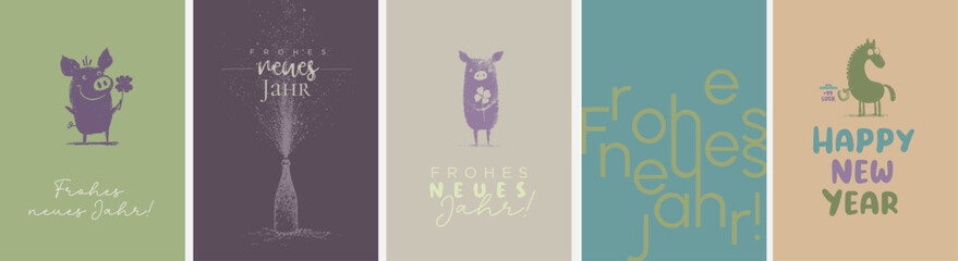 5 moderne und niedliche Silvester Grußkarten (Din Format) "Frohes neues Jahr" und "Happy New Year". Schöne Typo, Font & Symbol komplett als Pfade © ikoon
