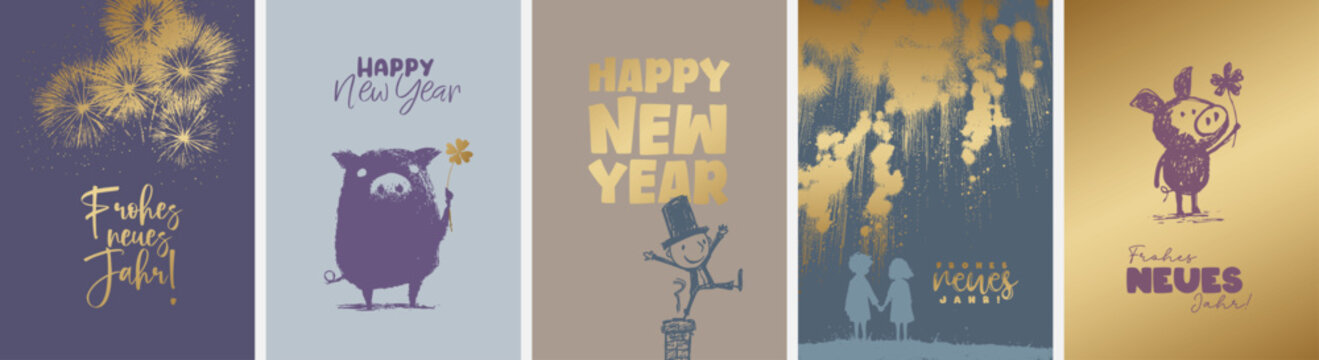 5 moderne und niedliche Silvester Gru&szlig;karten (Din Format) "Frohes neues Jahr" und "Happy New Year". Sch&ouml;ne Typo, Font & Symbol komplett als Pfade