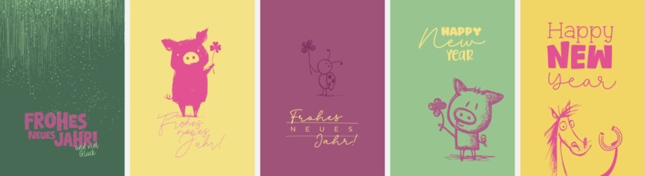 5 moderne und niedliche Silvester Gru&szlig;karten (Din Format) "Frohes neues Jahr" und "Happy New Year". Sch&ouml;ne Typo, Font & Symbol komplett als Pfade