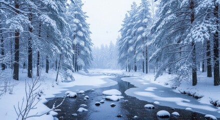 Winter forest landscape with a partially frozen river and snowcovered trees