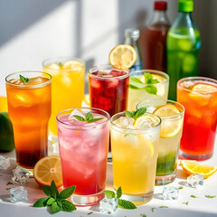 Set of different colored cold drinks. Top view isolated with transparency Set of different colored cold drinks. Top view isolated with transparency