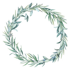 Christmas wreath. Watercolor frame with  eucalyptus  branches on white background. Hand drawn illustration
