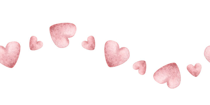 Simple hearts watercolor seamless border isolated on white for St. Valentine's day, mother's day and anniversary. Childish hand drawn love clip art in pastel red pink for relationship and friendship