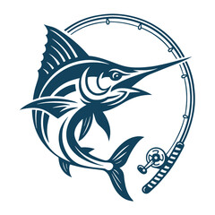 Bold vector illustration of a marlin fish jumping beside a fishing rod, designed in a clean, dynamic logo style ideal for fishing clubs, sport fishing branding, outdoor gear, and marine-themed graphic